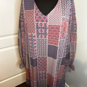 Cato Red and Blue Midi Sheath Dress‎ with Long Bishop Sleeves and V-Neck